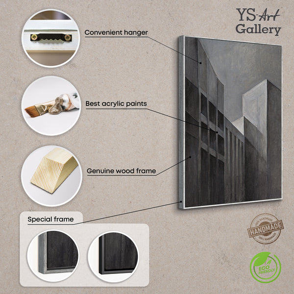Tableau abstrait encadré « Paysages urbains » – Peinture acrylique moderne en gris et noir