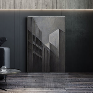 Tableau abstrait encadré « Paysages urbains » – Peinture acrylique moderne en gris et noir