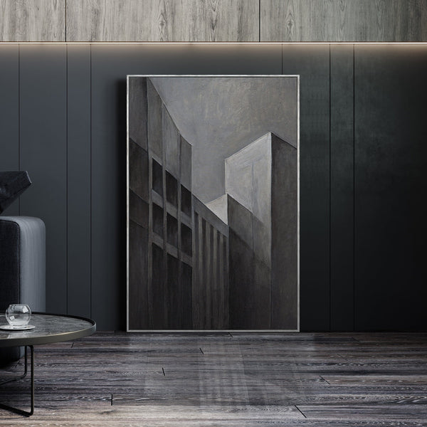 Tableau abstrait encadré « Paysages urbains » – Peinture acrylique moderne en gris et noir