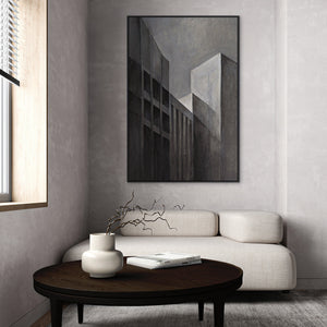Tableau abstrait encadré « Paysages urbains » – Peinture acrylique moderne en gris et noir