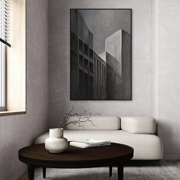 Tableau abstrait encadré « Paysages urbains » – Peinture acrylique moderne en gris et noir