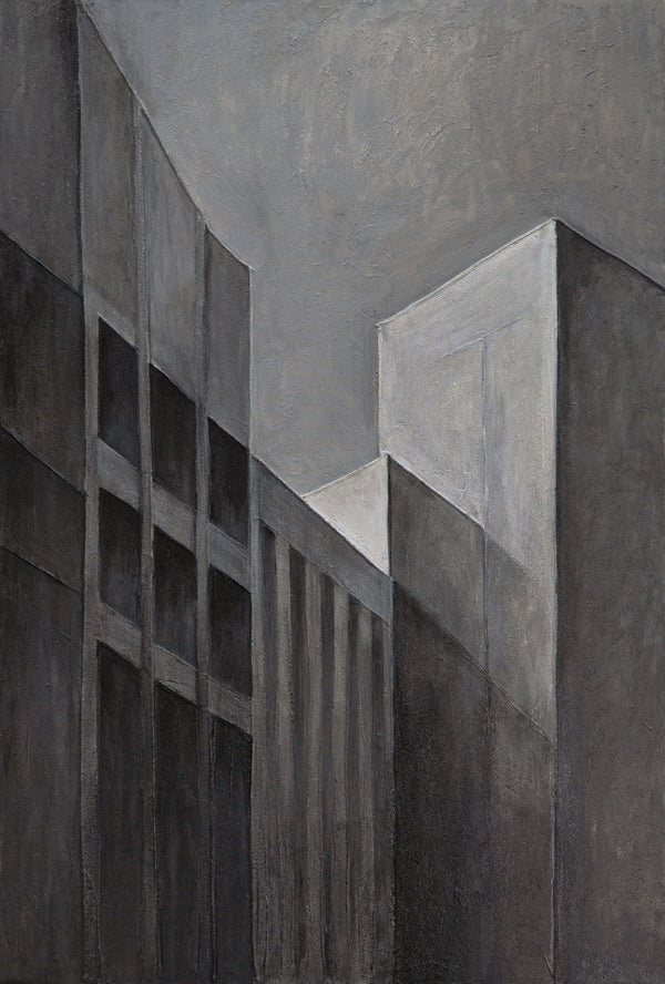 Tableau abstrait encadré « Paysages urbains » – Peinture acrylique moderne en gris et noir