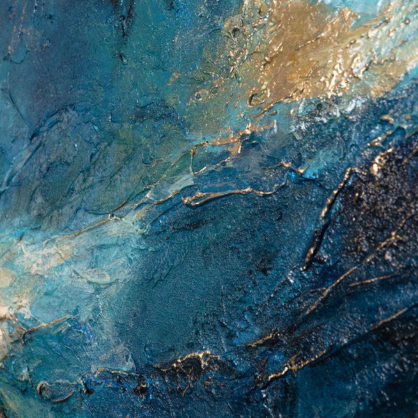 Tableau peint à la main aux couleurs de l'océan – Œuvre acrylique expressive encadrée « Lueur des vagues »