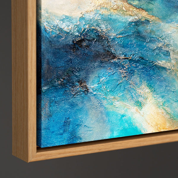 Tableau peint à la main aux couleurs de l'océan – Œuvre acrylique expressive encadrée « Lueur des vagues »