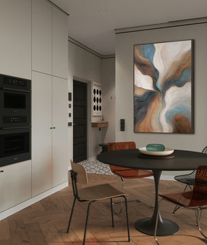 Peinture moderne en brun et bleu – Décoration murale peinte à la main "Le Passage du Temps"