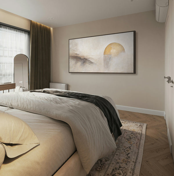 Peinture à la main avec texture "Ligne d'Horizon" – Décoration murale en beige et or