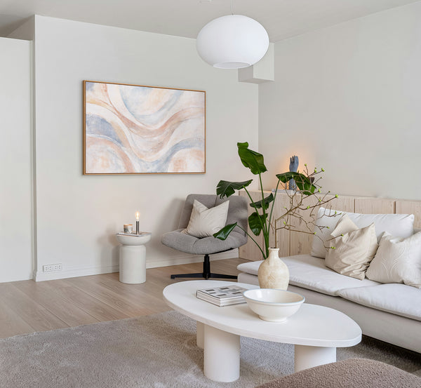 Peinture acrylique abstraite "Lignes du Vent" – Art mural moderne en beige, bleu et rose