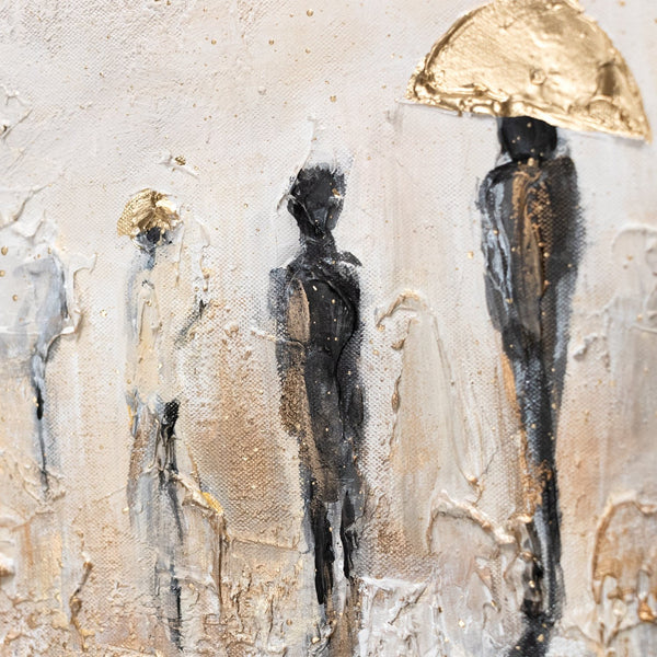 Figuren mit Schirmen auf heller Leinwandkunst mit Struktur