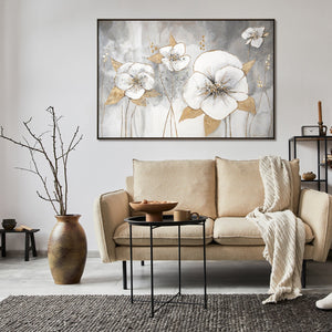 Wandbild Gold Weiß Blumen im modernen Wohnzimmer