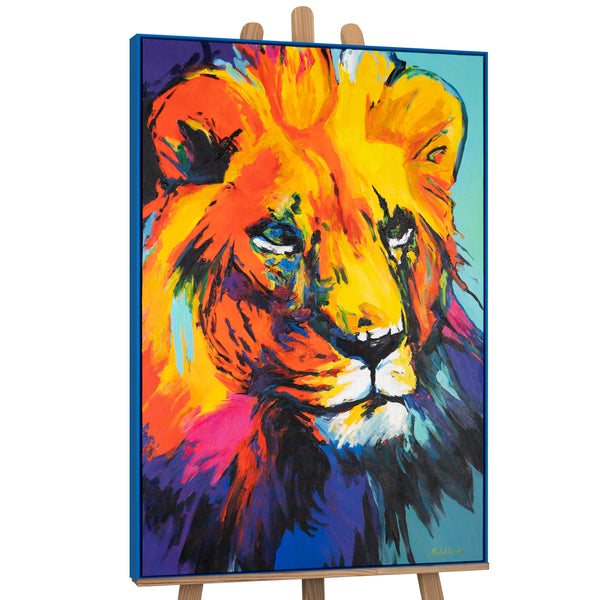 Farbenpracht des Königs Löwengrazie – Modernes Löwenporträt in Acryl mit Rahmen