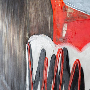 Detail der Figur mit abgewandtem Gesicht auf abstraktem Gemälde