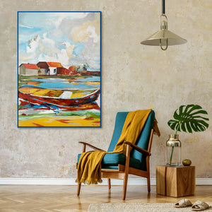 Handgemaltes Landschaftsbild "Gezeiten der Inspiration" – Abstraktes Motiv mit Boot und Häusern