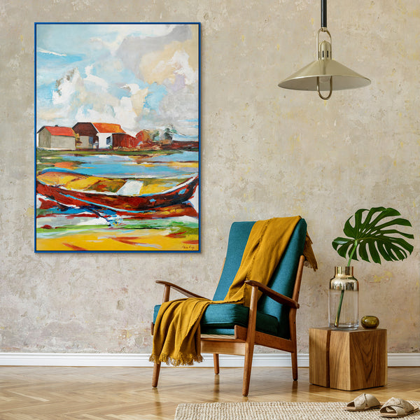 Handgemaltes Landschaftsbild "Gezeiten der Inspiration" – Abstraktes Motiv mit Boot und Häusern