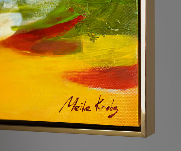 Handgemaltes Landschaftsbild "Gezeiten der Inspiration" – Abstraktes Motiv mit Boot und Häusern