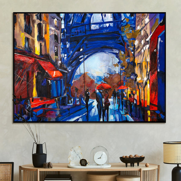 Großformatige Stadtbildkunst an weißer Wand