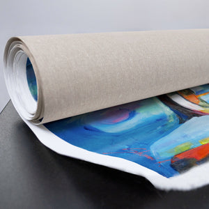 Rückseite der gerollten Leinwand mit Farbdetails