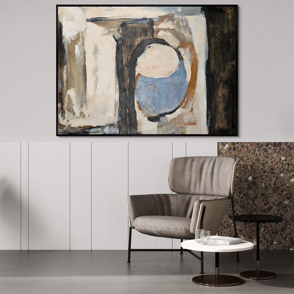 Abstraktes handgemaltes Gemälde in Blau, Beige und Schwarz in einem modernen Wohnzimmer, gerahmte Kunst für Wohnzimmer, zeitgenössische Wanddekoration, moderne Acrylmalerei, große abstrakte Kunst, elegante Wohnzimmerdekoration, Kunst mit Textur und Tiefe, einzigartiges Wandbild, luxuriöse Innenraumkunst, exklusive Wandkunst im schwarzen Rahmen