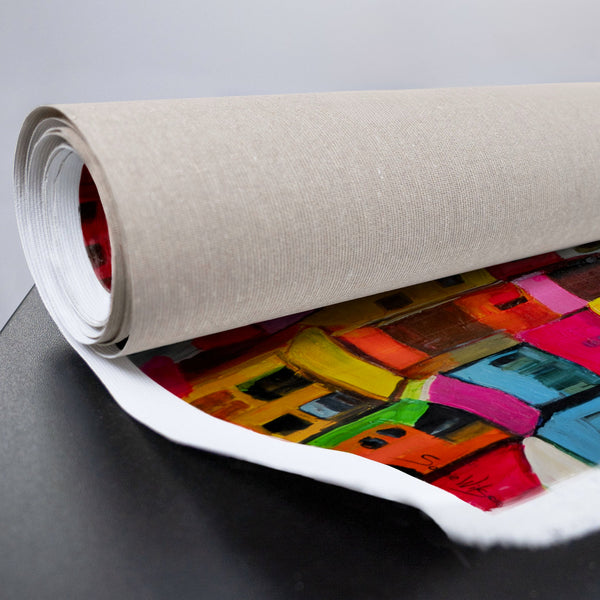 Leinwandbild mit bunten Häusern auf dunklem Grund
