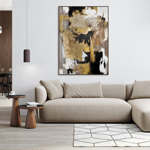 Wohnzimmerszene mit abstraktem Leinwandbild Goldtöne wanddeko wohnzimmer