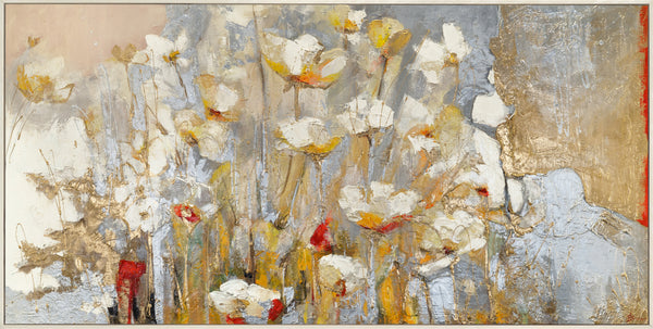 Handgemaltes Blumenbild mit Goldakzenten - Abstraktes Acrylgemälde 'Frühlingsduft' mit Rahmen