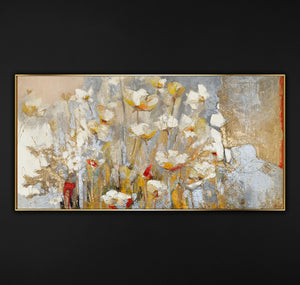 Moderne Acrylbilder Frühlingsduft - Handgemalte Blumen auf Leinwand mit Gold Akzenten mit Rahmen