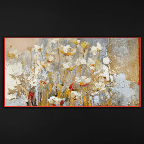 Moderne Acrylbilder Frühlingsduft - Handgemalte Blumen auf Leinwand mit Gold Akzenten mit Rahmen