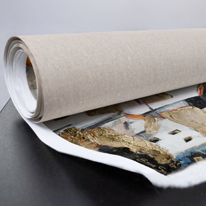 Bunte Häuser auf Leinwand, Detailaufnahme gelbe Wand