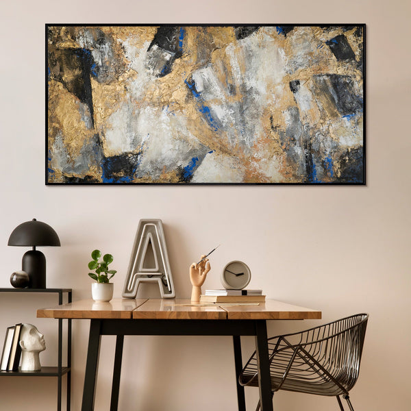 kunst bild mit rahmen Wohnzimmer mit abstraktem Bild „Goldener Kontrast“ an Wand