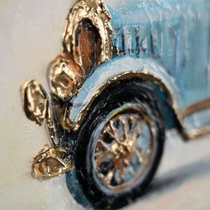 gemälde handgemalt Nahaufnahme Lenkrad und Details des rosa Autos