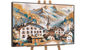 Acrylgemälde Alpen – Bergdorf auf Leinwand mit grauem Rahmen