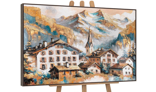 Acrylgemälde Alpen – Bergdorf auf Leinwand mit grauem Rahmen