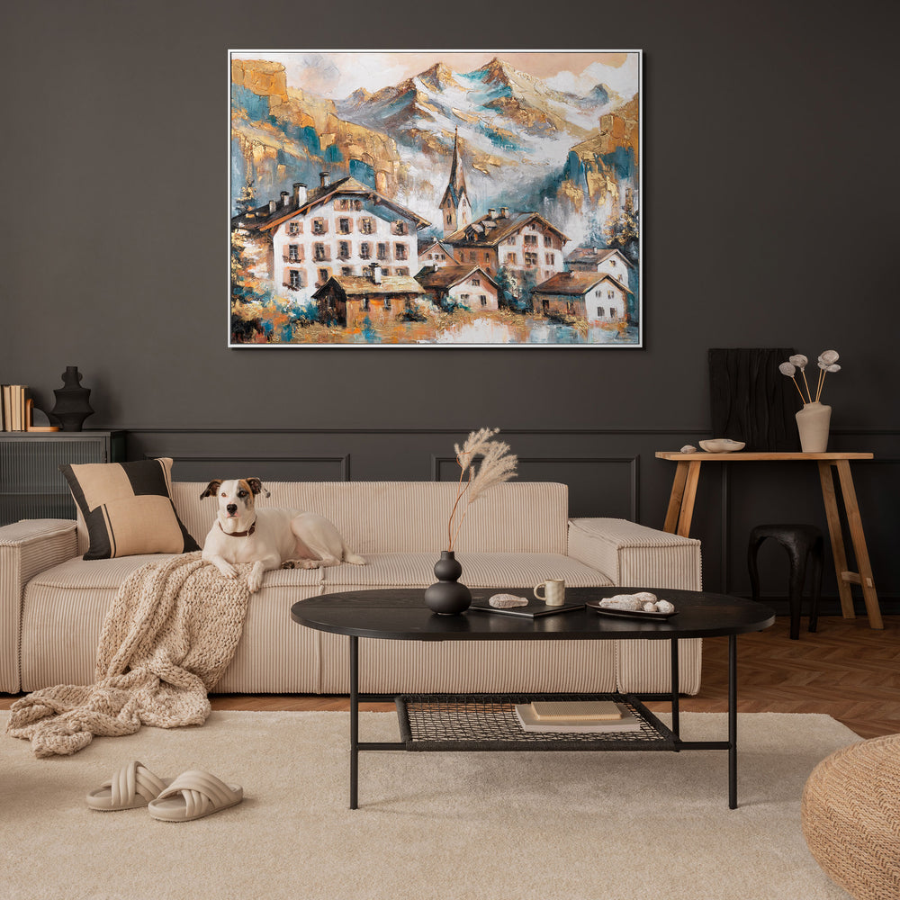 Alpenbild als Wanddeko – Wohnzimmer mit Gemälde Berglandschaft