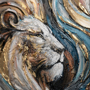 Detail Kopf des Löwen – Acrylgemälde mit Struktur & Gold
