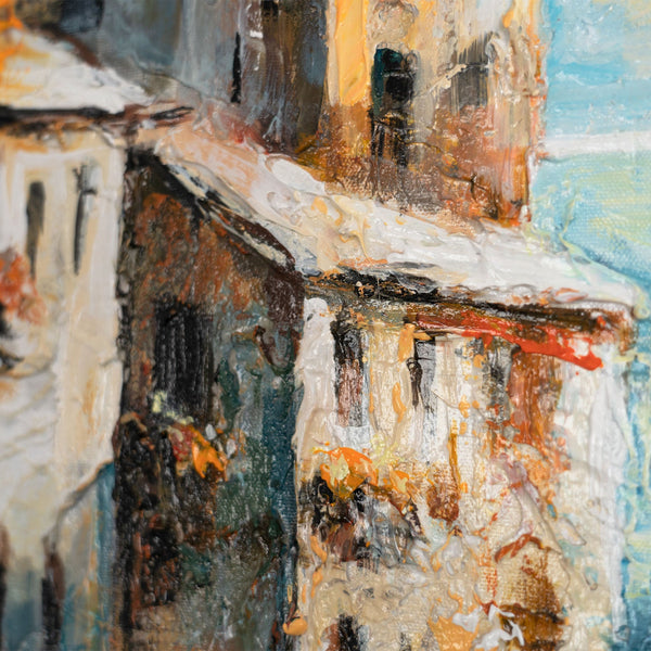 Häuser im Nahblick – gemaltes Stadtbild auf Leinwand