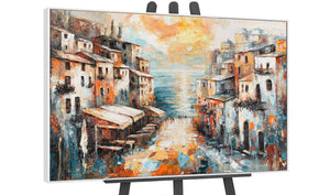 Gemälde Stadt mit weißem Rahmen – Acrylkunst auf Leinwand