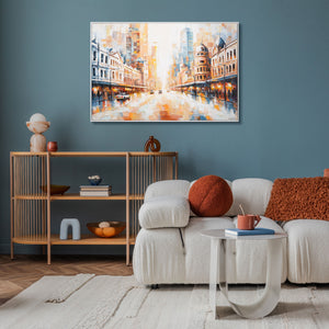 Acryl Stadtbild Wohnzimmer – warme Wanddeko mit Tiefe