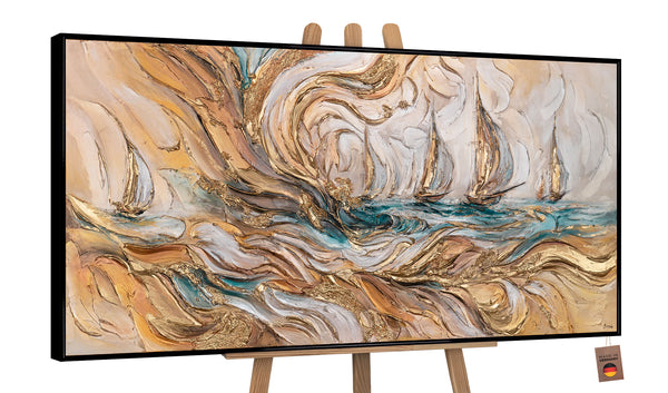 Acrylbild Segel – Schwarzrahmen mit goldener Segelstruktur