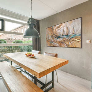 Essbereich mit Segelkunst – modernes Acrylbild im Interieur