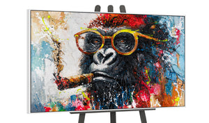 Handgemalter Gorilla mit Brille – weißer Rahmen Wandbild