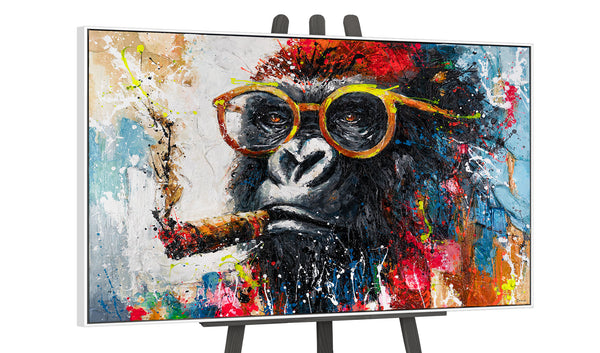 Handgemalter Gorilla mit Brille – weißer Rahmen Wandbild