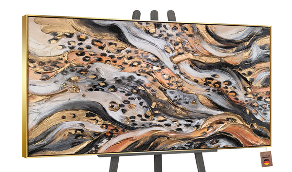 Acrylbild auf goldener Staffelei – luxuriöse Tierkunst in Beige und Schwarz