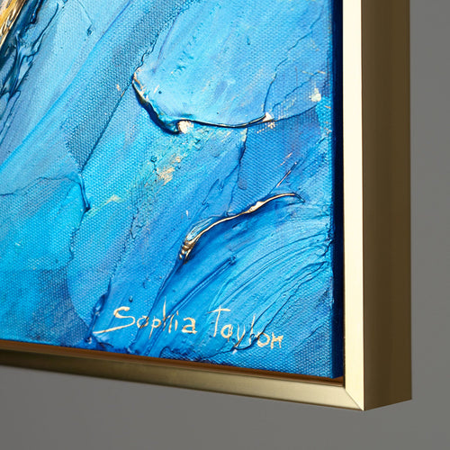 Nahaufnahme Acrylbild – gold-blaue abstrakte Malerei