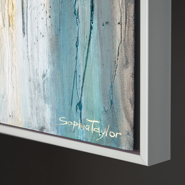 Seitliche Ansicht – modernes Gemälde auf Leinwand in weißem Rahmen