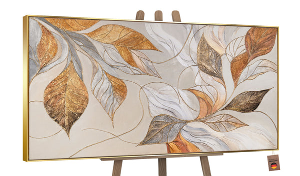 Acrylbild blätter auf staffelei – abstrakte leinwand gold modern
