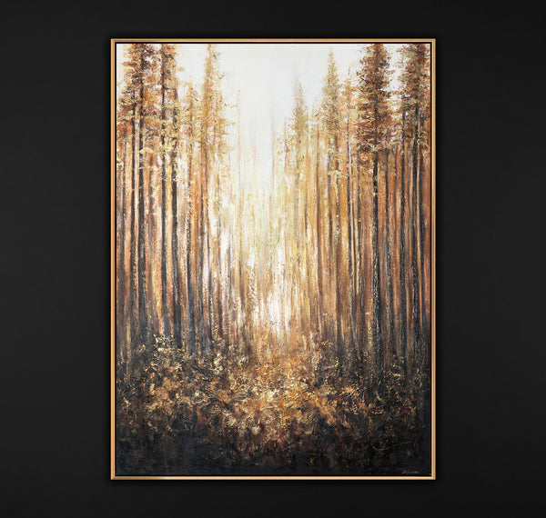 Acrylbild „Goldener Wald“ mit strukturierter Oberfläche. Exklusives Wanddekor für gehobenes Interior Design. Direkt vom Künstler.