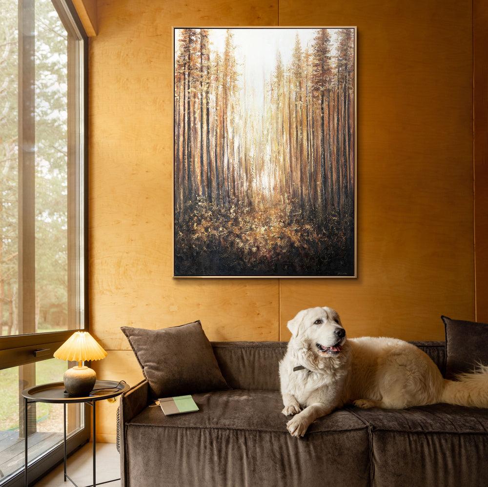 Stilvolle Wandkunst „Goldener Wald“ mit Goldrahmen für Wohnzimmer
