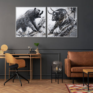 Diptyque peint à la main représentant un taureau et un ours, avec cadre - décoration murale de bureau