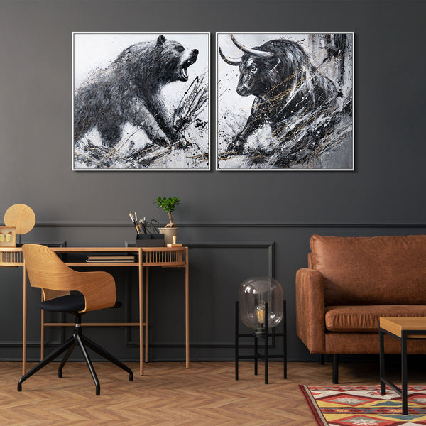 Diptyque peint à la main représentant un taureau et un ours, avec cadre - décoration murale de bureau