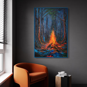 Tableau encadré sur toile « Étincelles de feu » – paysage nocturne peint à la main