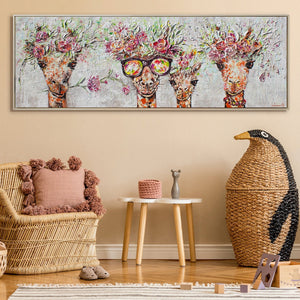 Acrylbilder Tiere – Moderne Kunstwerke auf Leinwand, Handgemalte Giraffen mit Blumenkränzen